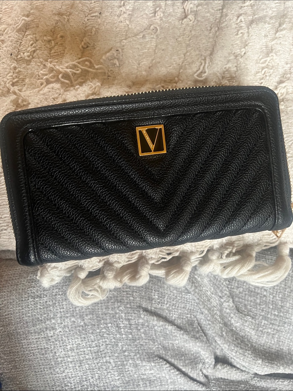 Victoria's Secret Black Quilted Wallet with Gold Logo
